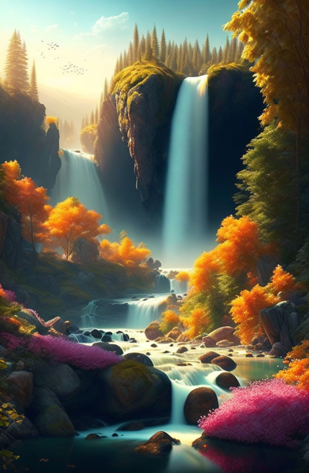 Tranquil waterfall in vibrant autumn forest