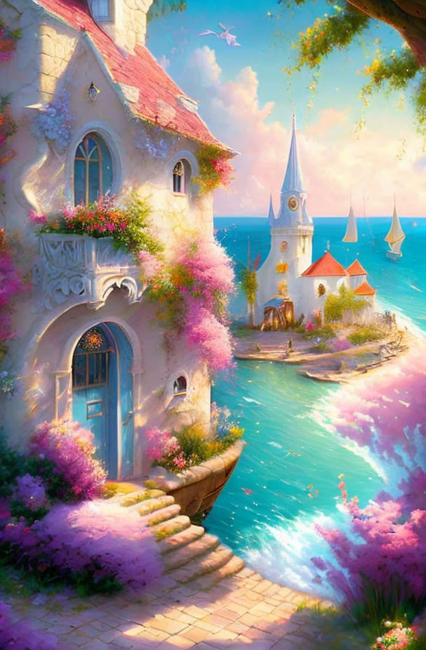 Vibrant fairytale cottage painting by the sea