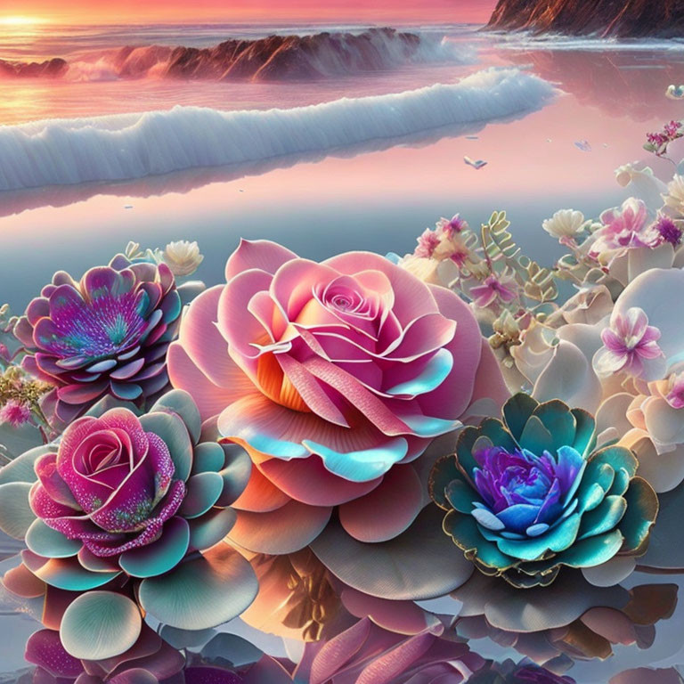 Colorful oversized flowers on serene pink beach with pastel sunset sky