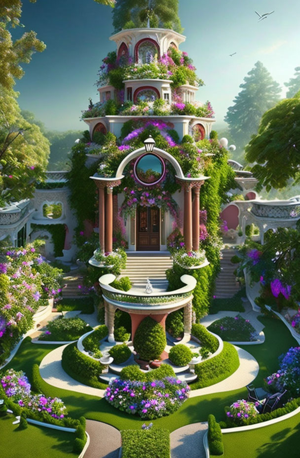 Enchanting fairy tale tower in manicured garden landscape