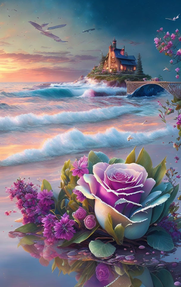 Surreal flower in vibrant fantasy seascape with lighthouse at sunset