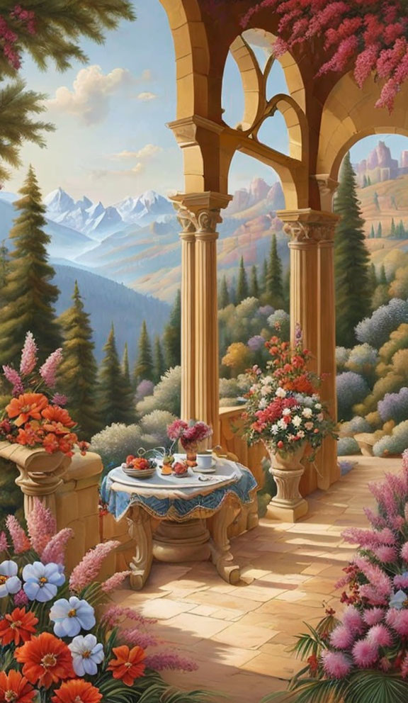 Tranquil balcony view of tea set with mountain backdrop