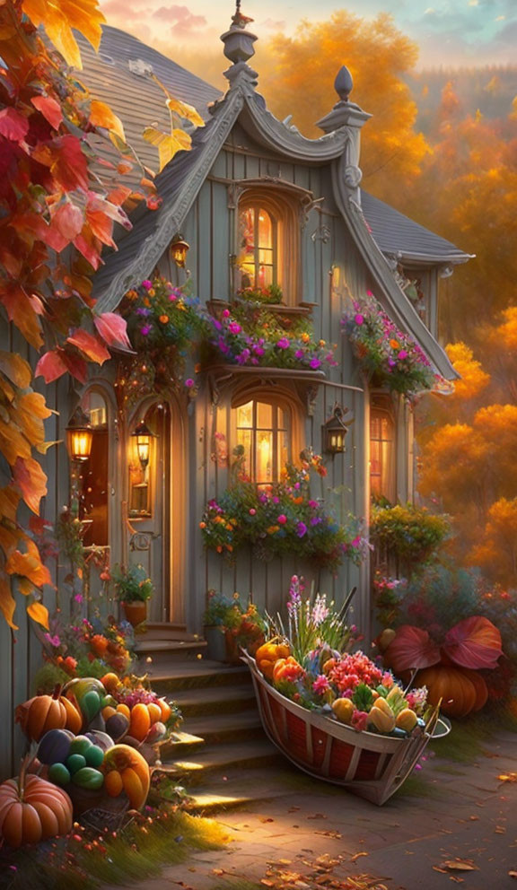 Colorful Flowers and Autumn Leaves Adorn Charming Two-Story Cottage