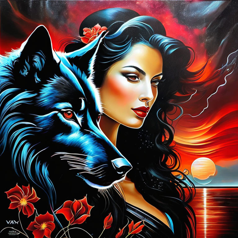 Stylized portrait of a woman with a wolf in vibrant red hues