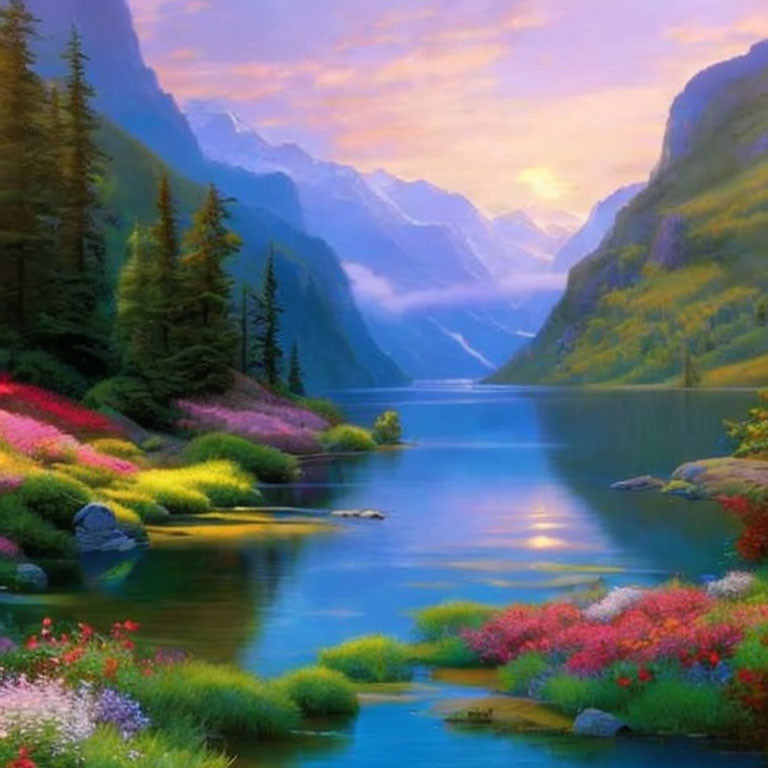 Scenic landscape with river, colorful flora, and mountains