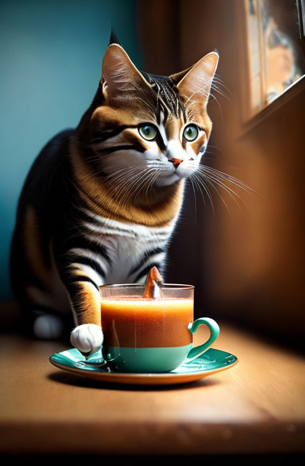 Brown-striped cat with green eyes touching spoon in caramel drink on table in sunlit setting