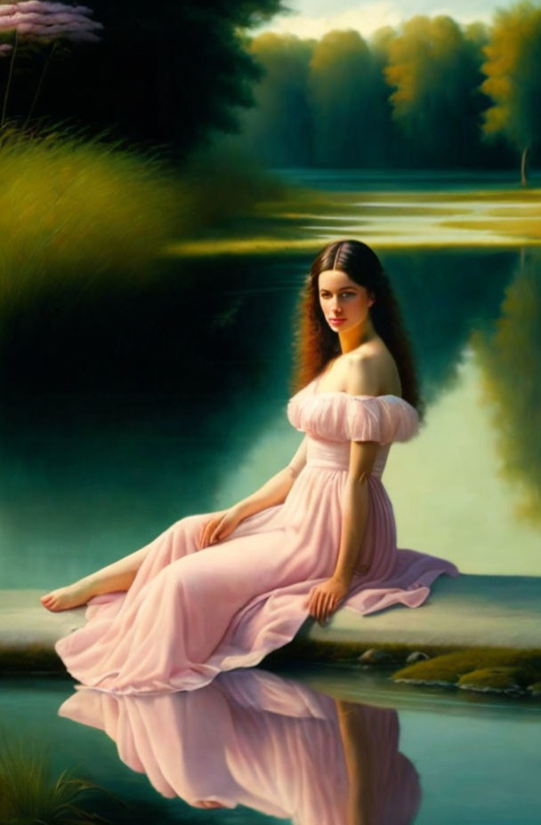 Woman in Pink Dress Reflects in Tranquil Lake Landscape