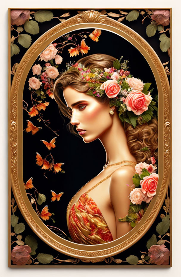 Illustrated portrait of woman with floral headpiece and roses, framed by golden details and autumn leaves on