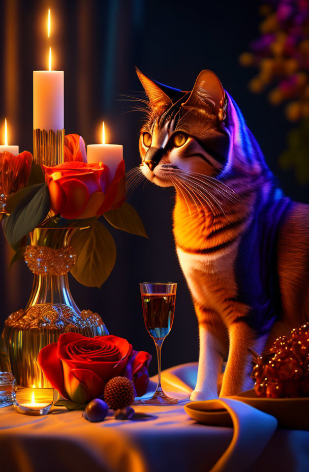 Elegant cat with candles, wine glass, roses on dark backdrop