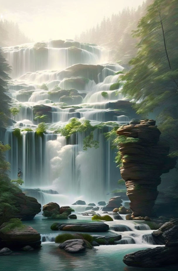 Misty forest waterfall with rock formation and serene pools