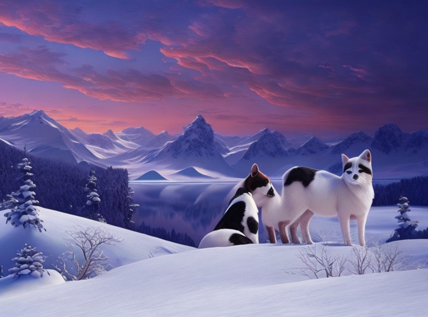 Snow-covered landscape with two dogs and colorful twilight sky