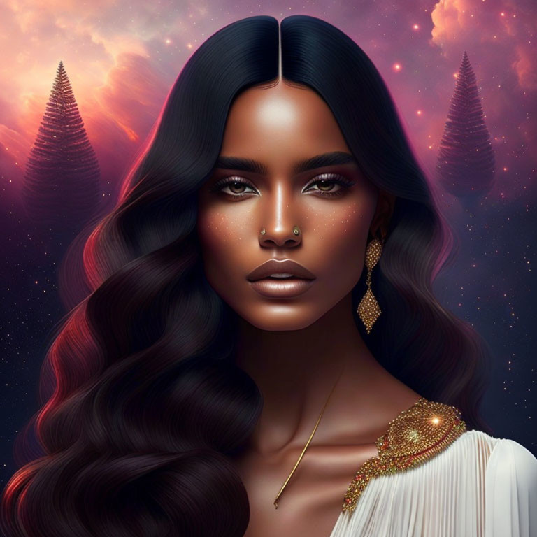 Dark-haired woman in cosmic setting with golden jewelry and pink clouds.