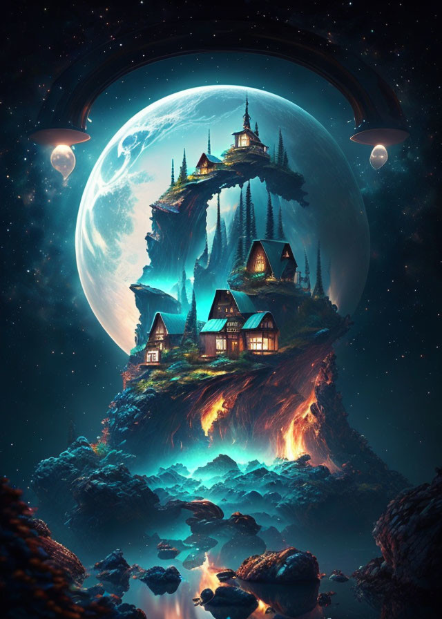 Fantastical floating island with quaint houses under giant moon & starry sky