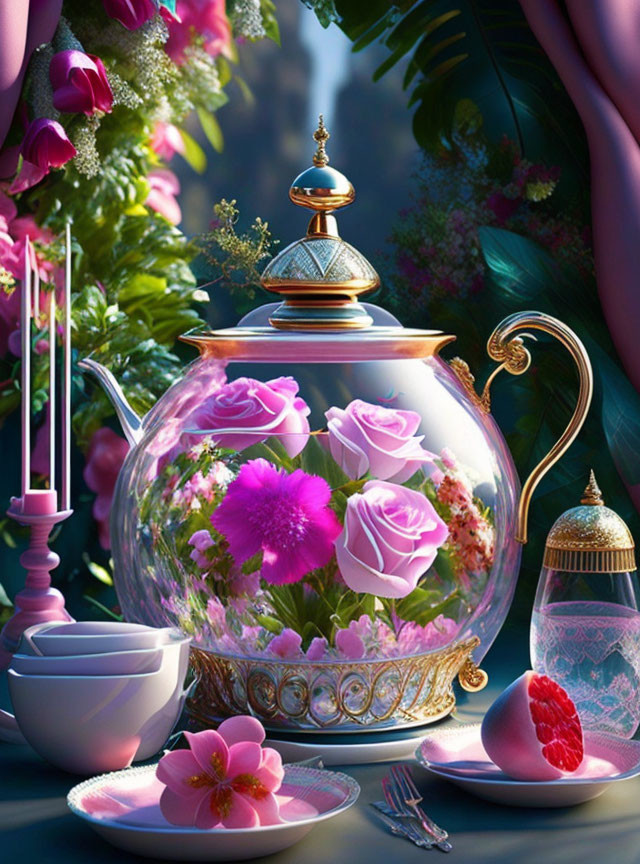 Whimsical teapot with pink flowers on vibrant table setting