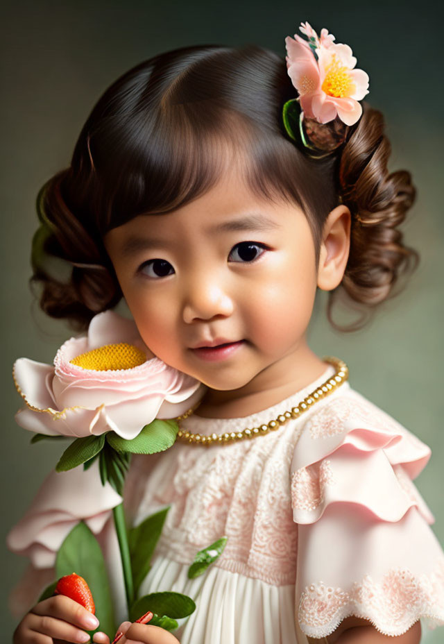 Young girl with curly hair, flower crown, pearl necklace, ruffled dress, pink flower, and