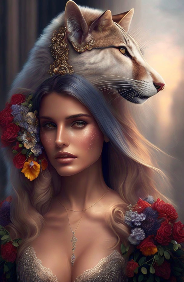 Digital artwork: Woman with flower-adorned hair and lioness head, showcasing human-animal fusion