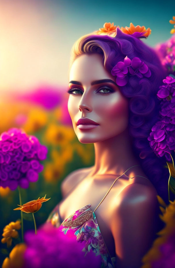 Purple-haired woman with floral adornments in digital artwork against vibrant floral background