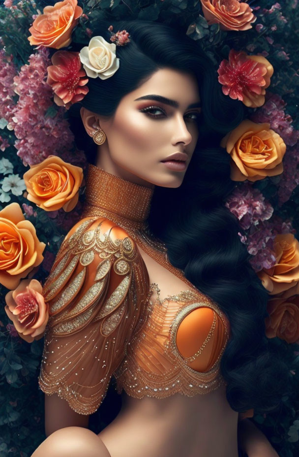 Dark-Haired Woman in Golden-Orange Outfit Surrounded by Roses