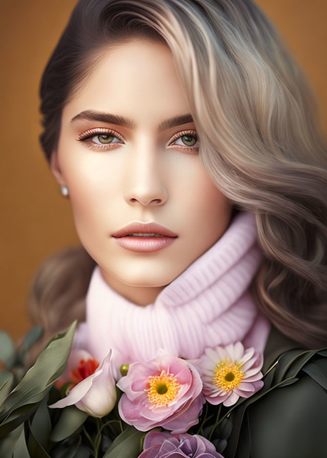 Portrait of woman with green eyes, wavy hair, pink turtleneck, and floral necklace on