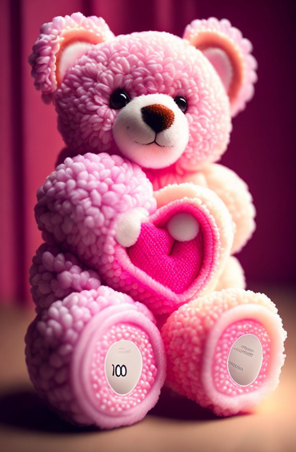 Pink Teddy Bear Plush with Heart-Shaped Pocket and Cute Details