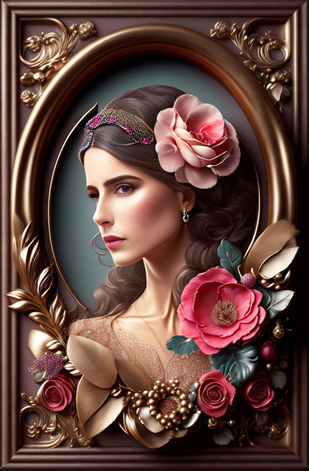 Regal female character with crown and pink flowers in gold floral frame