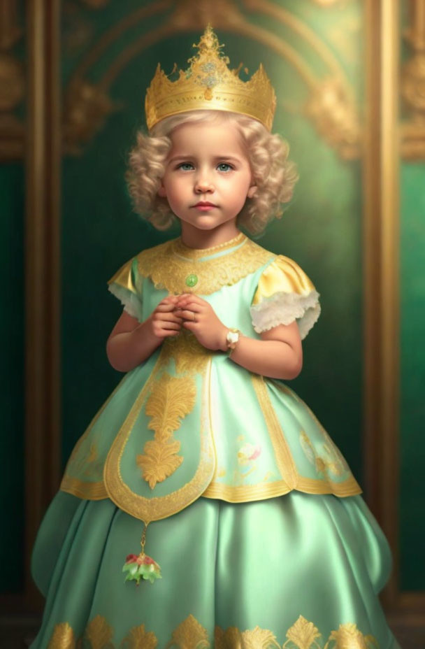 Child in royal costume with crown and serious expression in elegant setting