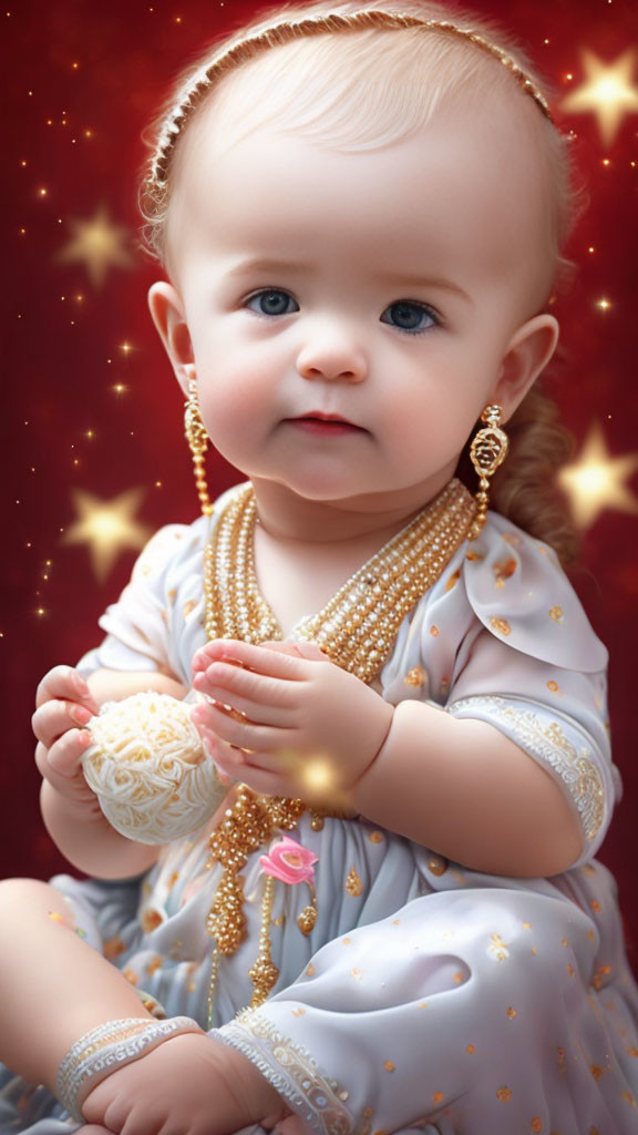 Baby in Star-Patterned Outfit with Pearl Accessories on Red Starry Background