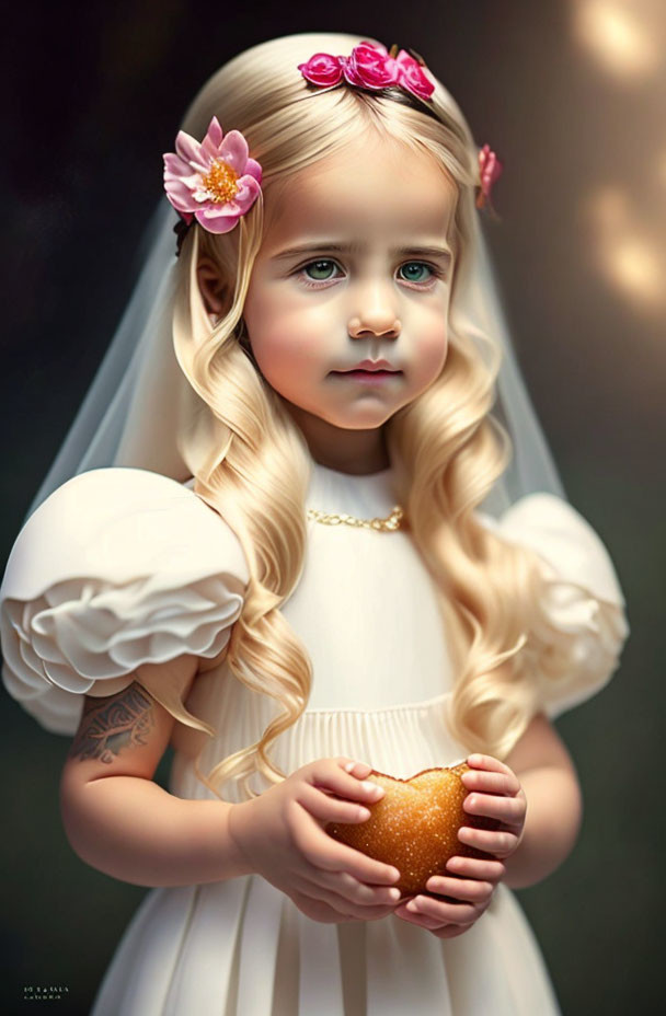 Young girl in white dress with floral headband holding golden heart