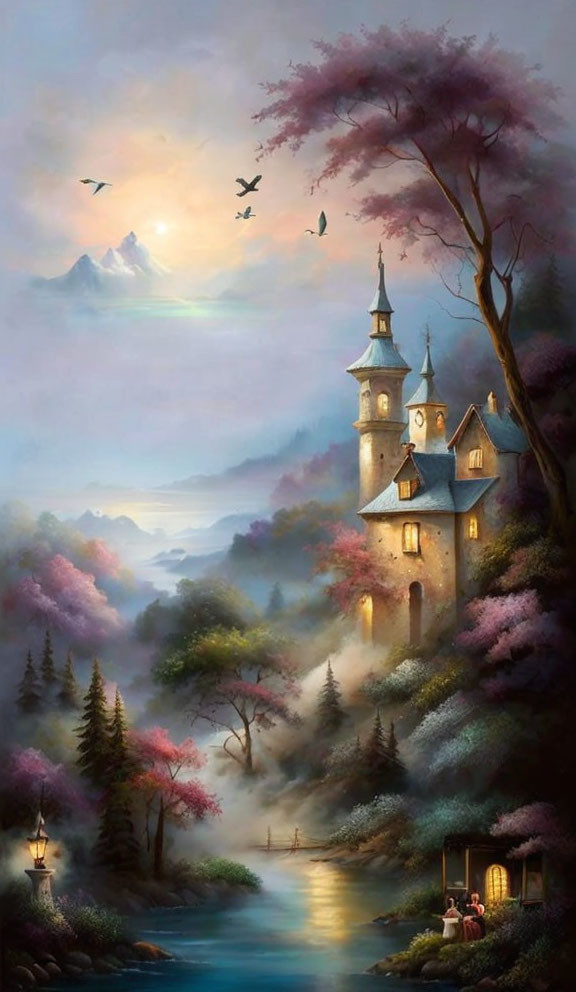 Enchanting Castle in Serene Landscape with Blossoming Trees and Stream