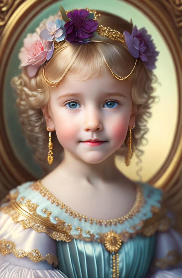 Portrait of young girl with blonde hair, flowers, golden jewelry, blue eyes, rosy cheeks,