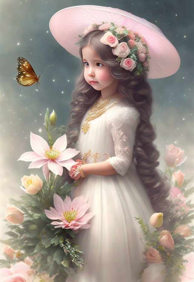 Young girl with long wavy hair in white dress and pink hat among flowers