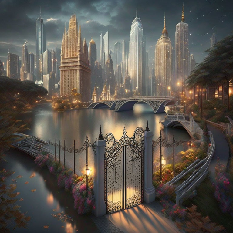 Ornate gate leading to river path with flowers and futuristic cityscape at dusk