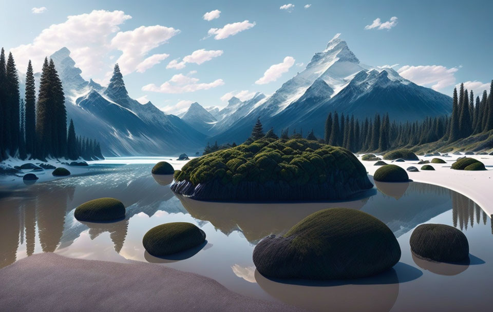 Tranquil landscape: Moss-covered rocks, pine trees, snow-capped mountains, clear blue sky