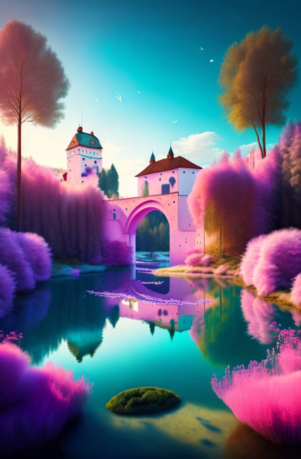 Fantastical landscape with pink foliage, arched bridge, twilight sky