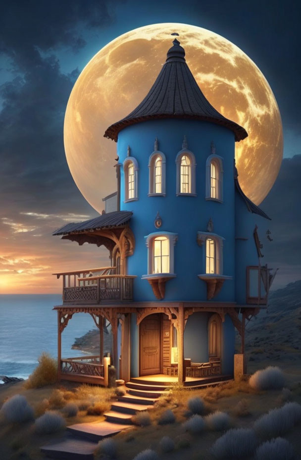 Blue Turret-Style House by Ocean Under Full Moon