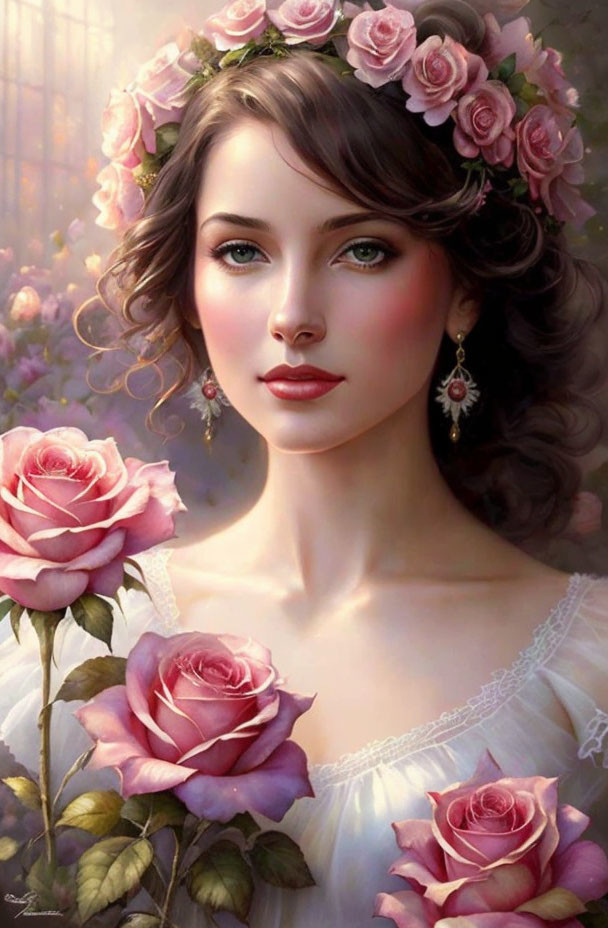 Portrait of woman with floral crown and pink rose in soft lighting