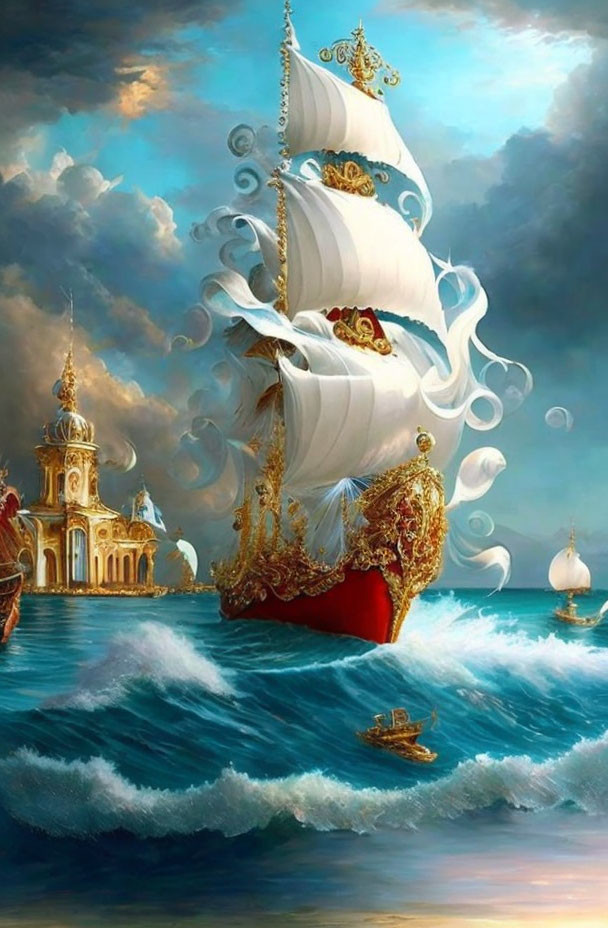 Fantastical ship with white sails near golden temple