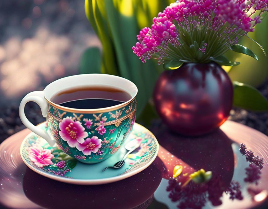 Vintage Floral Teacup with Tea, Saucer, Spoon, Pink Flowers in Vase