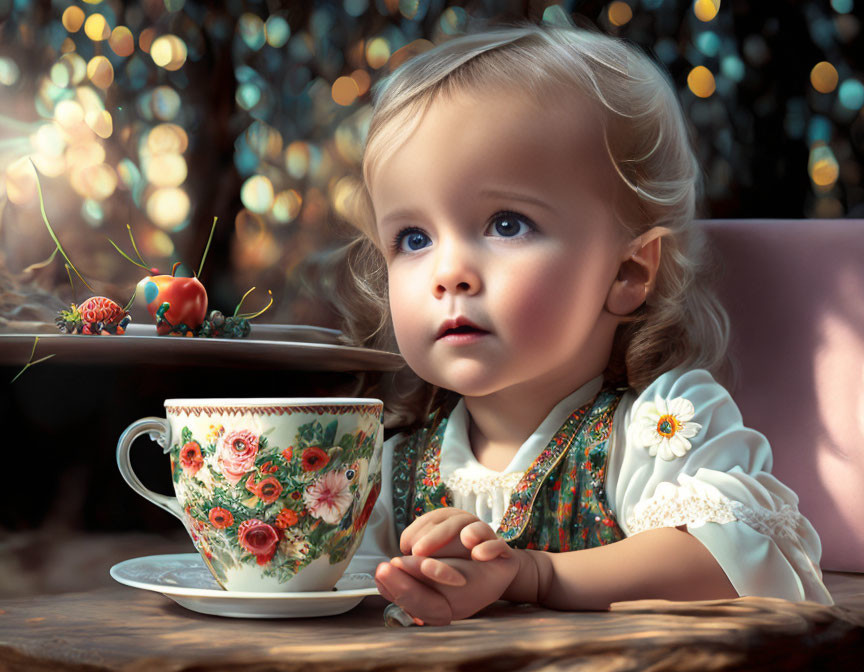 Blue-eyed toddler with curly hair near ornate teacup in soft light.