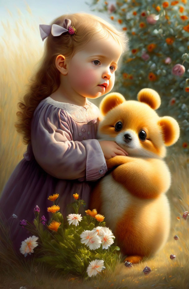 Young girl with bow hugs fluffy orange puppy in sunny meadow