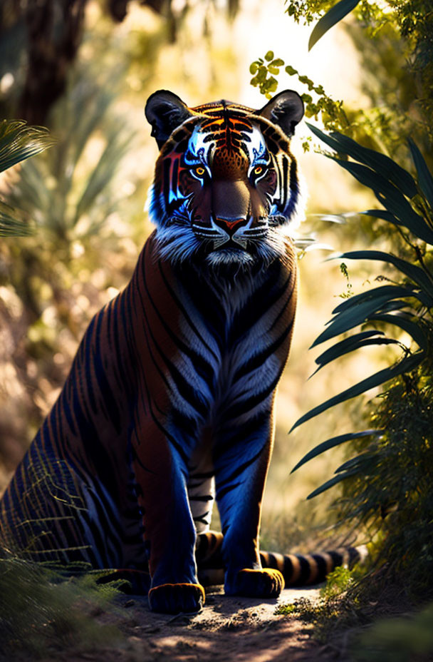 Majestic tiger in lush forest setting with orange and black stripes