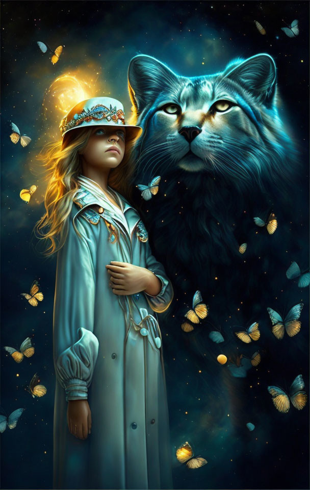 Young girl in trench coat with decorated hat next to ethereal feline under starry sky surrounded by