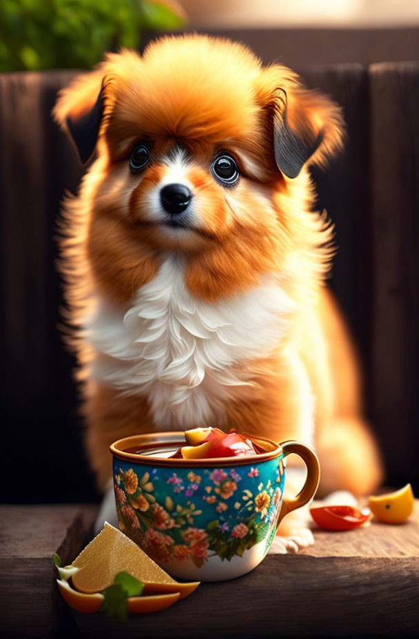 Fluffy brown and white puppy with teacup and fruit on wooden surface