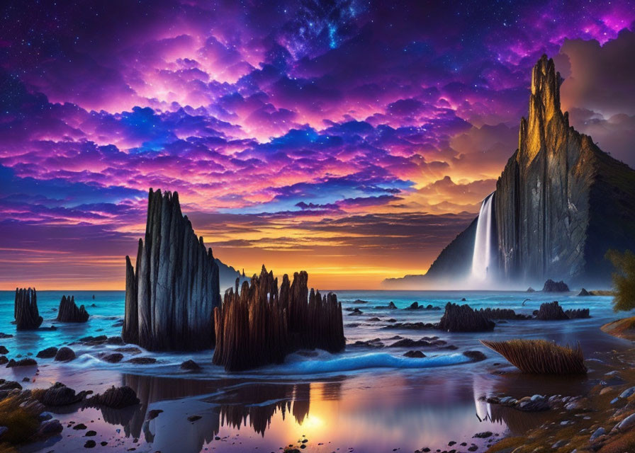 Majestic fantasy landscape: vivid purple skies, towering rocks, cascading waterfalls at twilight