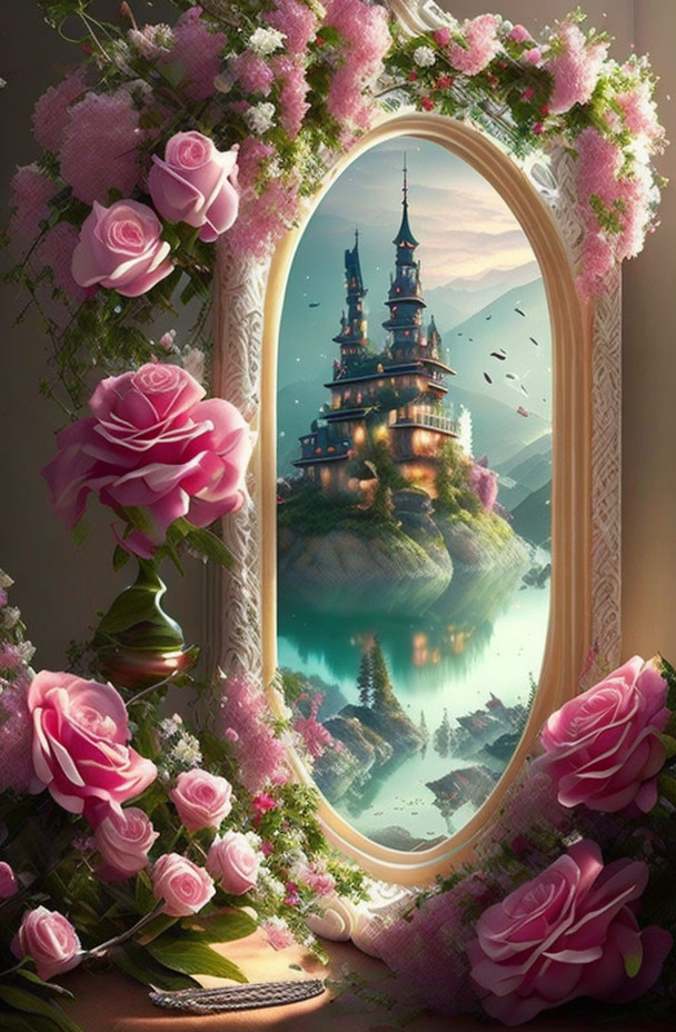 Pink Roses Oval Mirror Reflects Castle on Green Island