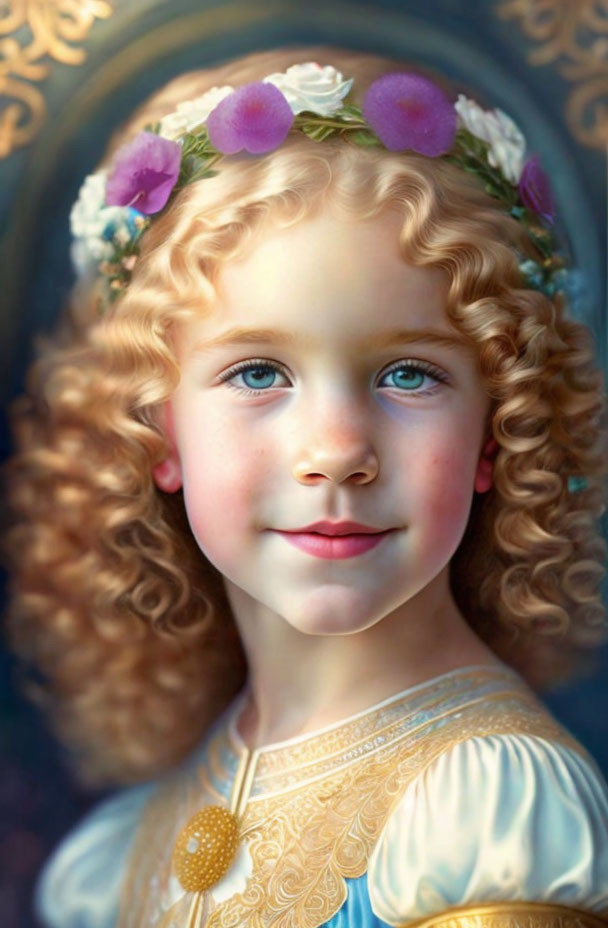 Young girl portrait with curly golden hair and floral wreath in blue and yellow dress