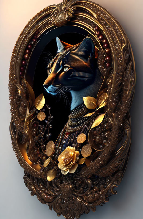 Regal cat with jewelry in ornate oval frame surrounded by golden leaves and pearls