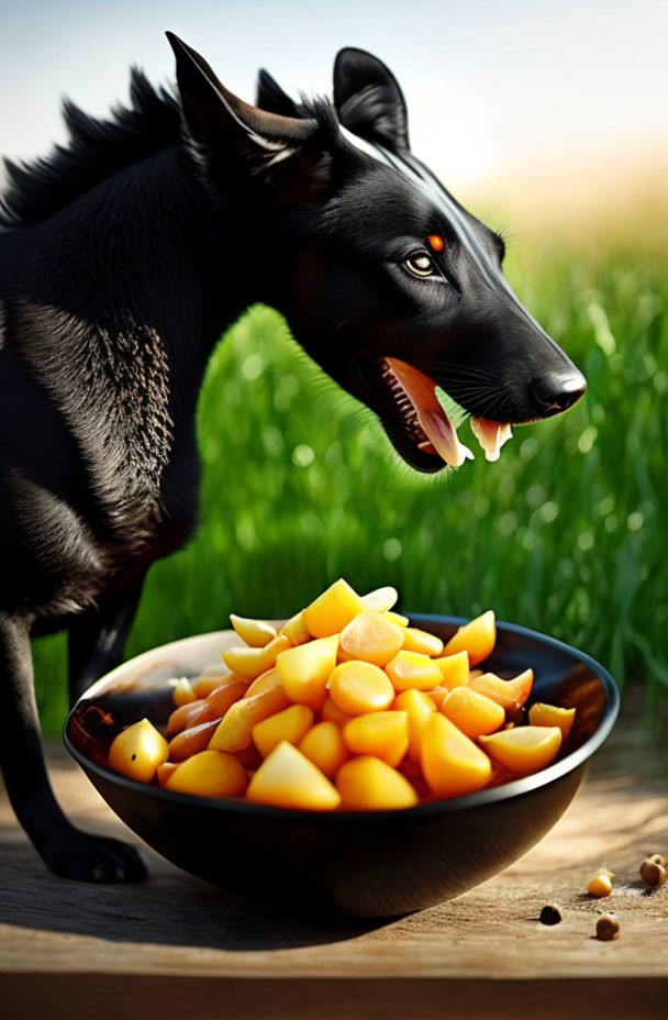 3D-rendered black canine with glowing red eyes and bowl of yellow cut fruits