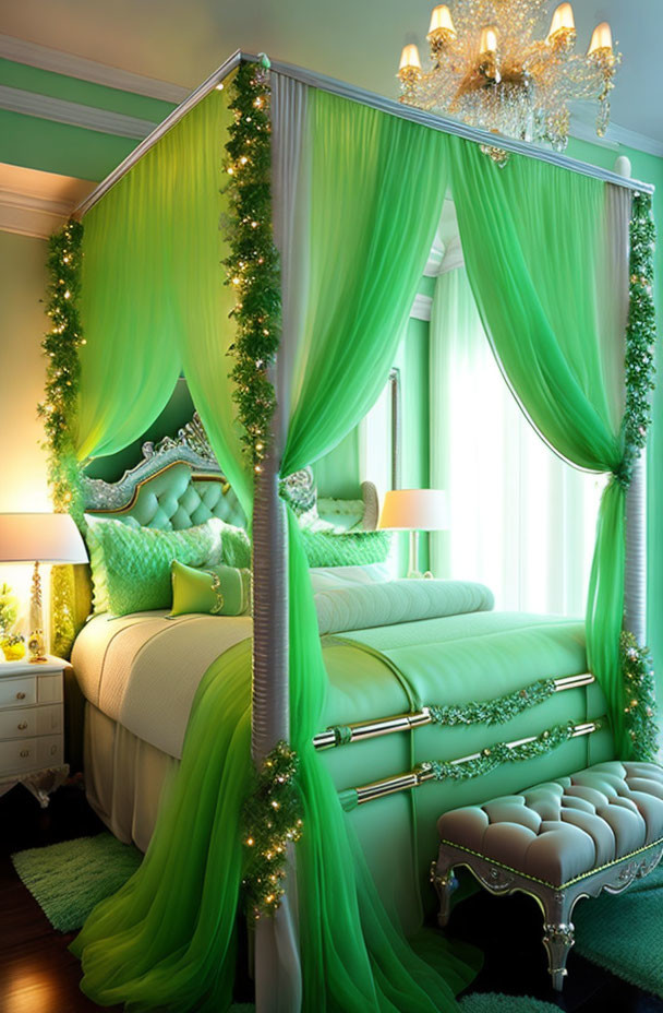 Luxurious canopy bed with green curtains and twinkling lights