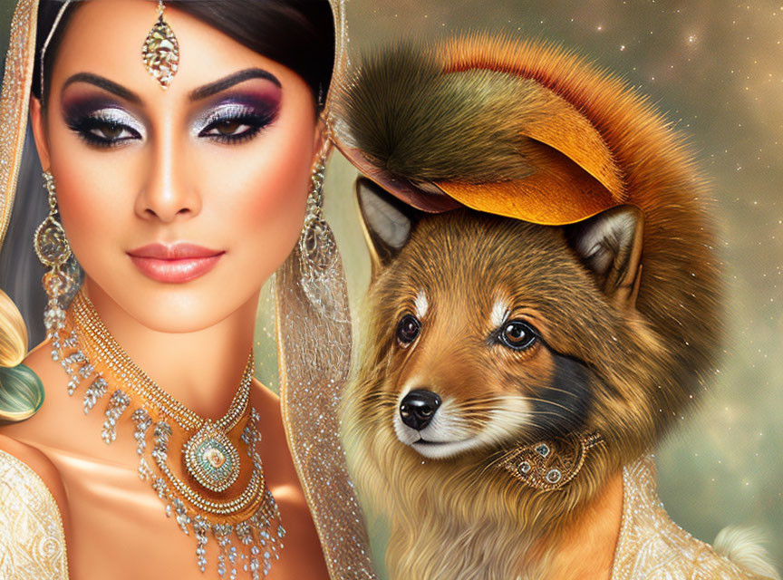 Illustrated fox and South Asian woman in photo collage